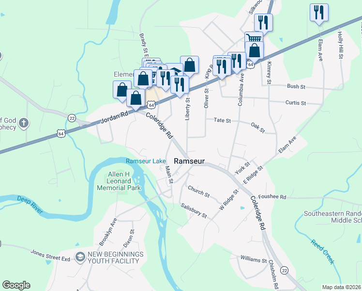 map of restaurants, bars, coffee shops, grocery stores, and more near 321 Coleridge Road in Ramseur