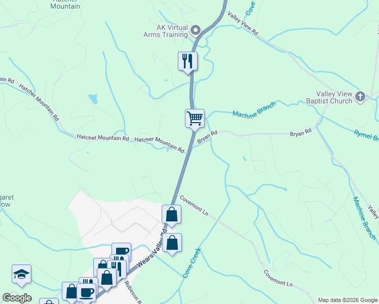 map of restaurants, bars, coffee shops, grocery stores, and more near 2881 Wears Valley Road in Sevierville