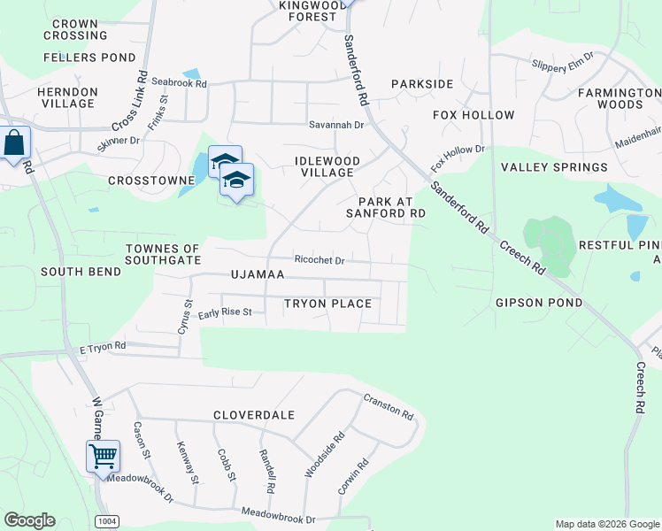 map of restaurants, bars, coffee shops, grocery stores, and more near 1420 Ricochet Drive in Raleigh