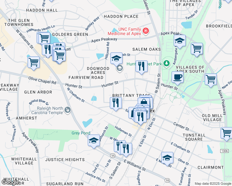 map of restaurants, bars, coffee shops, grocery stores, and more near 304 Hinton St in Apex