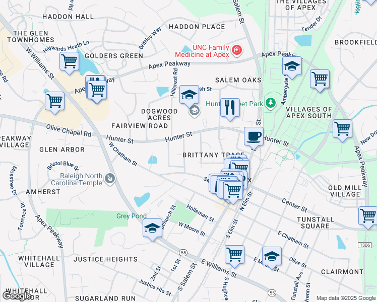 map of restaurants, bars, coffee shops, grocery stores, and more near 304 Hinton St in Apex