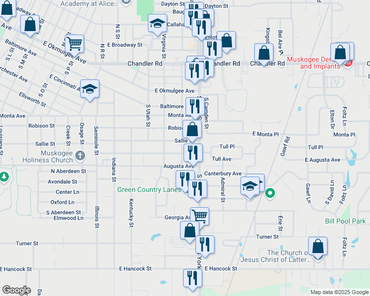 map of restaurants, bars, coffee shops, grocery stores, and more near 426 South Washington Street in Muskogee