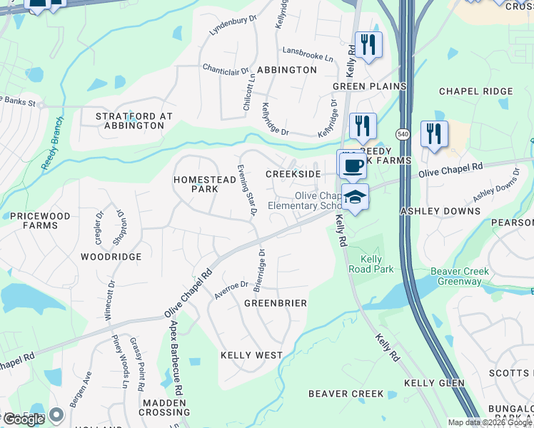 map of restaurants, bars, coffee shops, grocery stores, and more near 2431 Pecan Ridge Way in Apex