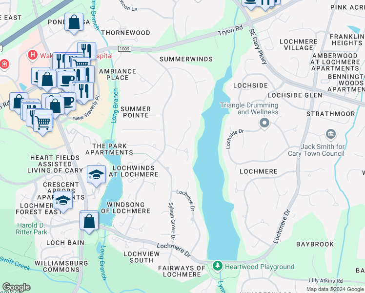 map of restaurants, bars, coffee shops, grocery stores, and more near 100 Loch Stone Lane in Cary
