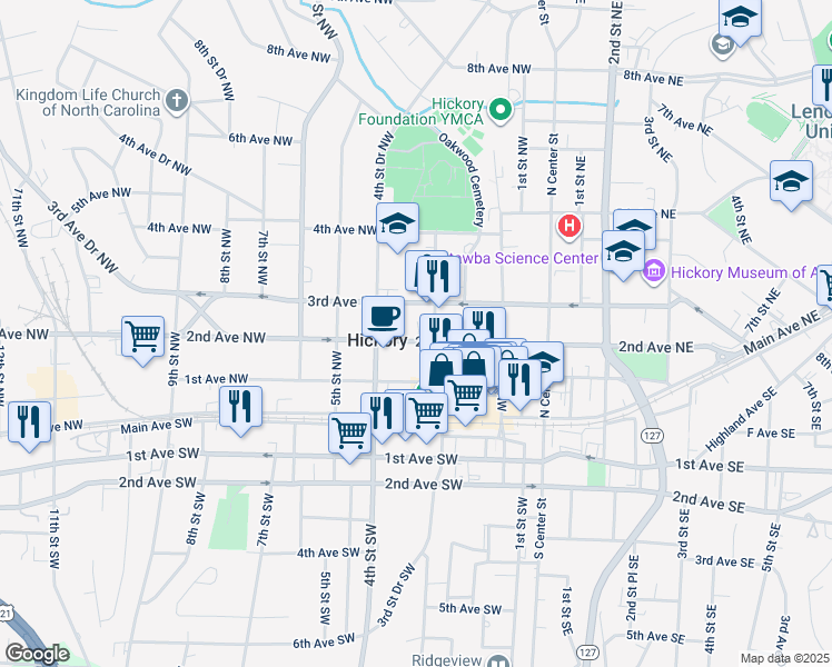 map of restaurants, bars, coffee shops, grocery stores, and more near 318 2nd Avenue Northwest in Hickory