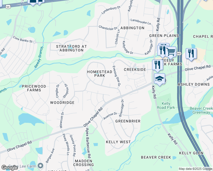 map of restaurants, bars, coffee shops, grocery stores, and more near 405 Homestead Park Drive in Apex