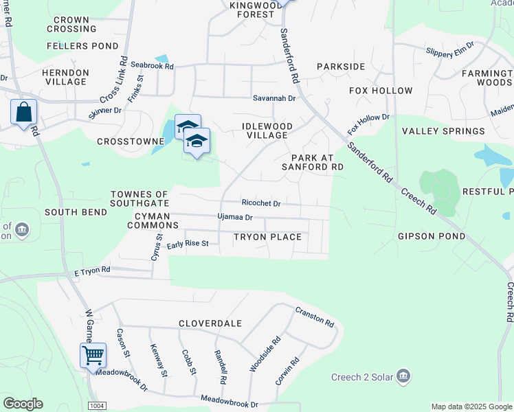 map of restaurants, bars, coffee shops, grocery stores, and more near 1400 Ricochet Drive in Raleigh