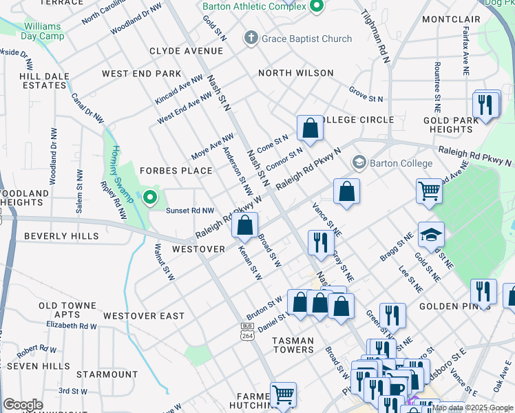 map of restaurants, bars, coffee shops, grocery stores, and more near 805 Nash St N in Wilson