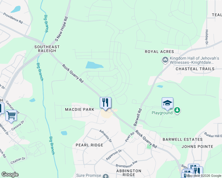 map of restaurants, bars, coffee shops, grocery stores, and more near 5471-5487 Rock Quarry Road in Raleigh