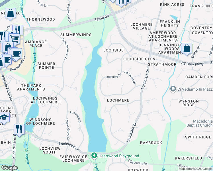 map of restaurants, bars, coffee shops, grocery stores, and more near 106 Woodhue Lane in Cary