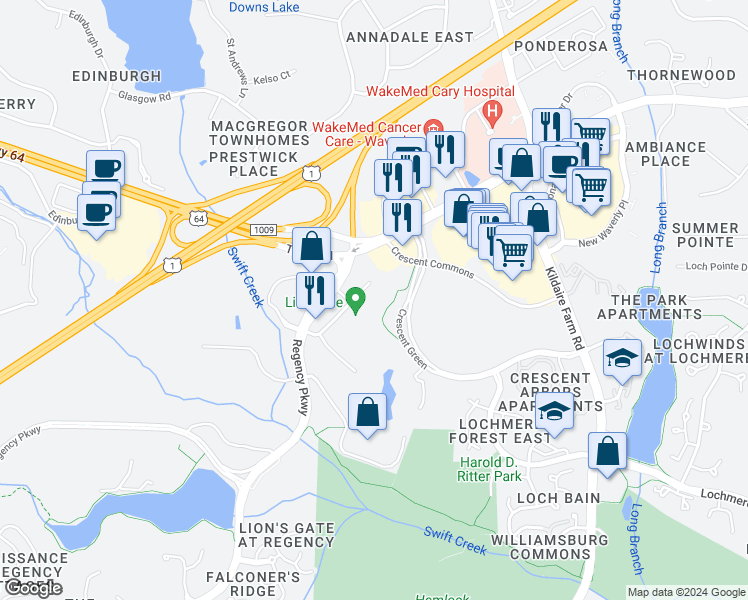 map of restaurants, bars, coffee shops, grocery stores, and more near 1500 Regency Parkway in Cary