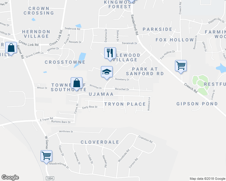 map of restaurants, bars, coffee shops, grocery stores, and more near 1314 Ricochet Drive in Raleigh
