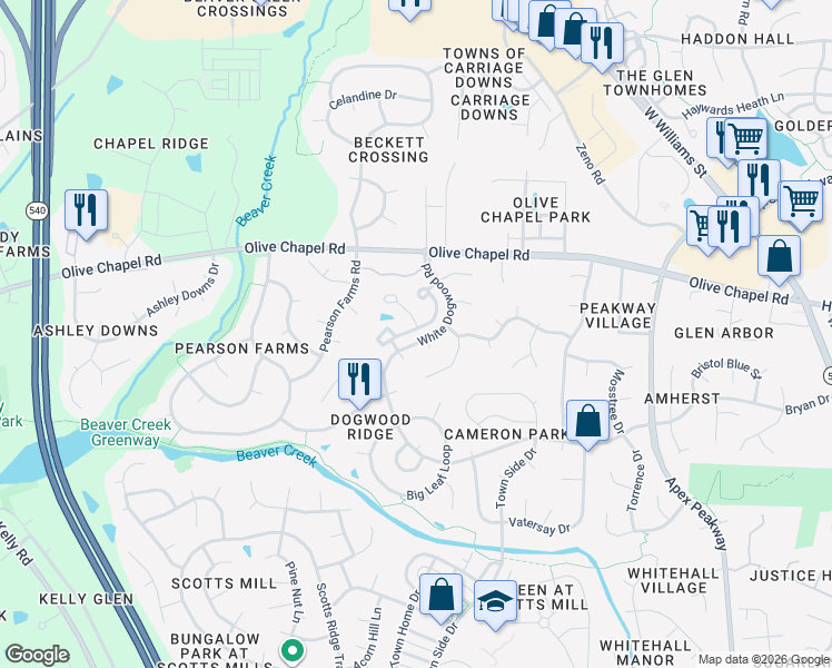 map of restaurants, bars, coffee shops, grocery stores, and more near 2002 Silky Dogwood Trail in Apex
