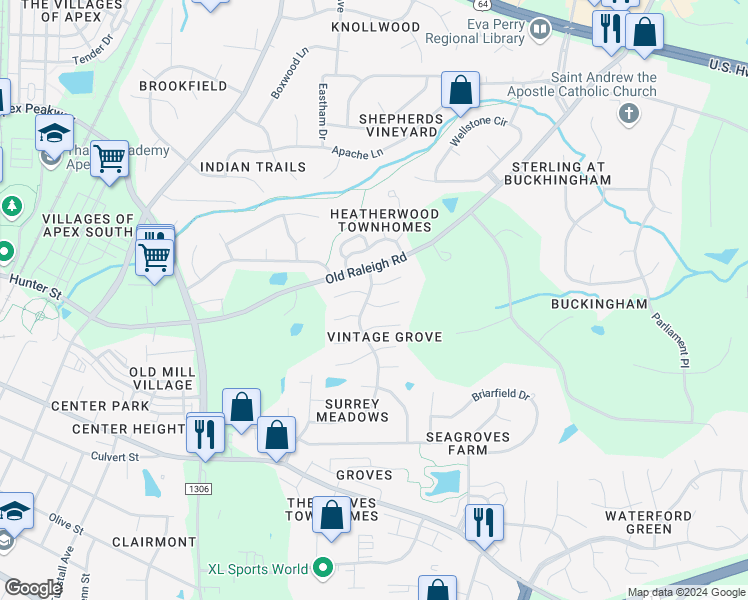 map of restaurants, bars, coffee shops, grocery stores, and more near 1001 Napa Place in Apex