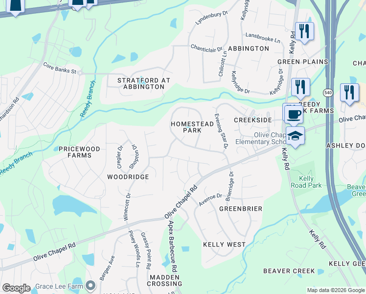 map of restaurants, bars, coffee shops, grocery stores, and more near 504 Homestead Park Drive in Apex