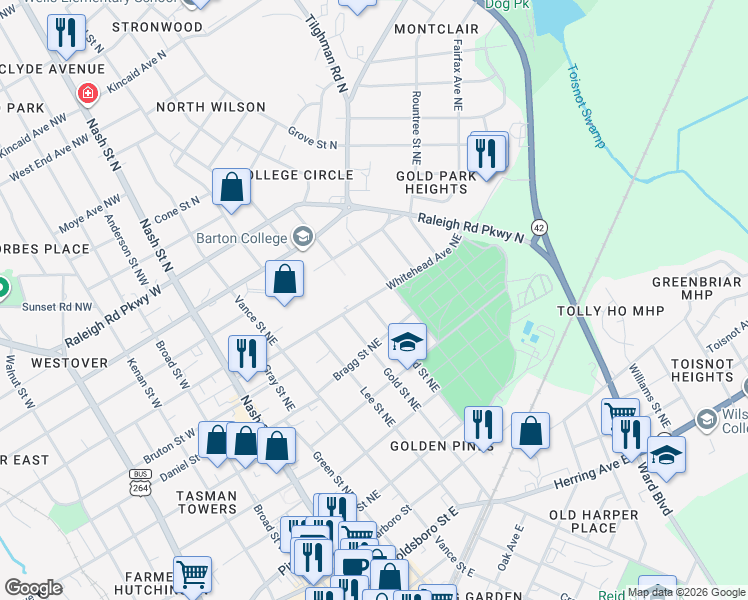 map of restaurants, bars, coffee shops, grocery stores, and more near 508 Woodard Street Northeast in Wilson