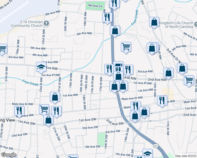 map of restaurants, bars, coffee shops, grocery stores, and more near 155 17th Street Northwest in Hickory