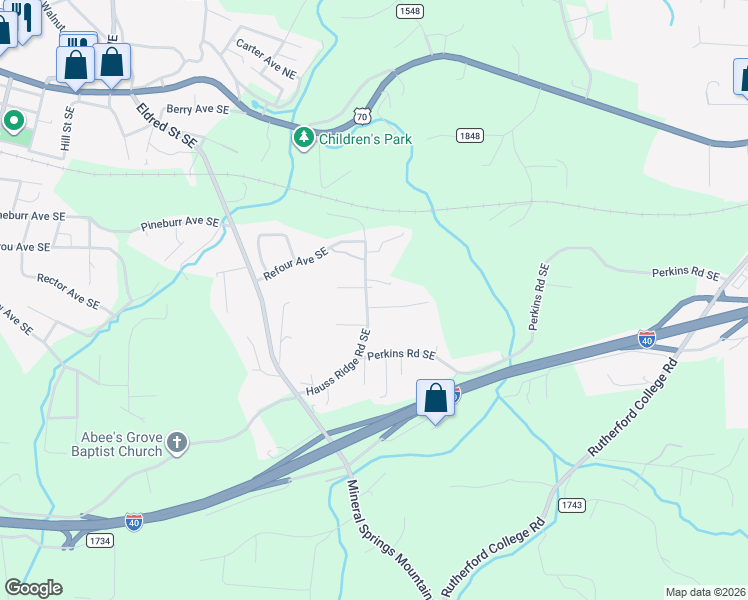 map of restaurants, bars, coffee shops, grocery stores, and more near 301 Hauss Ridge Road Southeast in Valdese