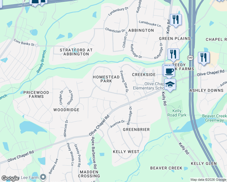 map of restaurants, bars, coffee shops, grocery stores, and more near 405 Homestead Park Drive in Apex