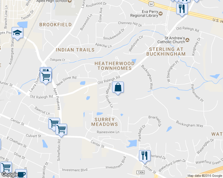 map of restaurants, bars, coffee shops, grocery stores, and more near 1001 Napa Place in Apex