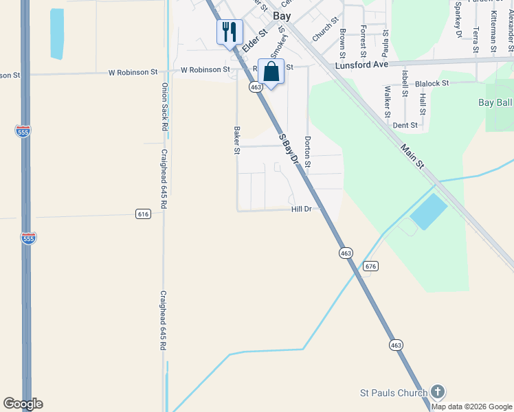map of restaurants, bars, coffee shops, grocery stores, and more near 100 Woody Lane in Bay
