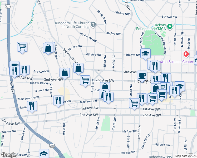 map of restaurants, bars, coffee shops, grocery stores, and more near 832 2nd Avenue Northwest in Hickory