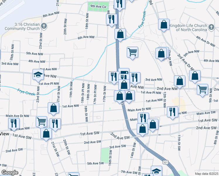 map of restaurants, bars, coffee shops, grocery stores, and more near 1636 1st Avenue Place Northwest in Hickory