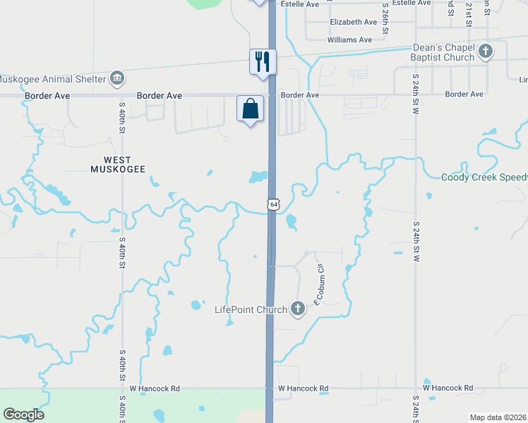map of restaurants, bars, coffee shops, grocery stores, and more near 1699-1795 South 32nd Street in Muskogee