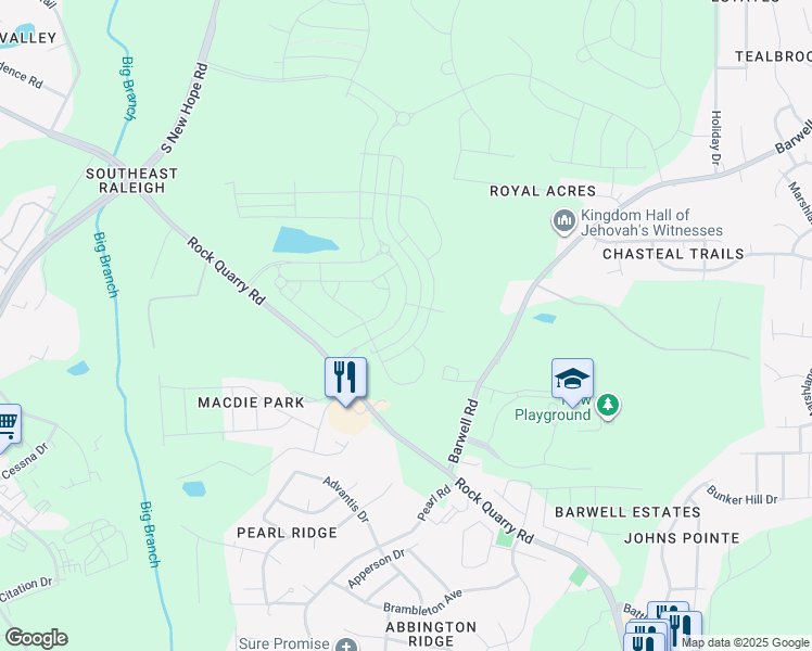 map of restaurants, bars, coffee shops, grocery stores, and more near 5401 Rock Quarry Road in Raleigh