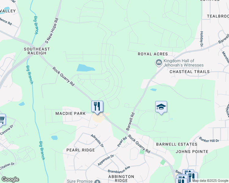 map of restaurants, bars, coffee shops, grocery stores, and more near 2634 Lignite Trail in Raleigh