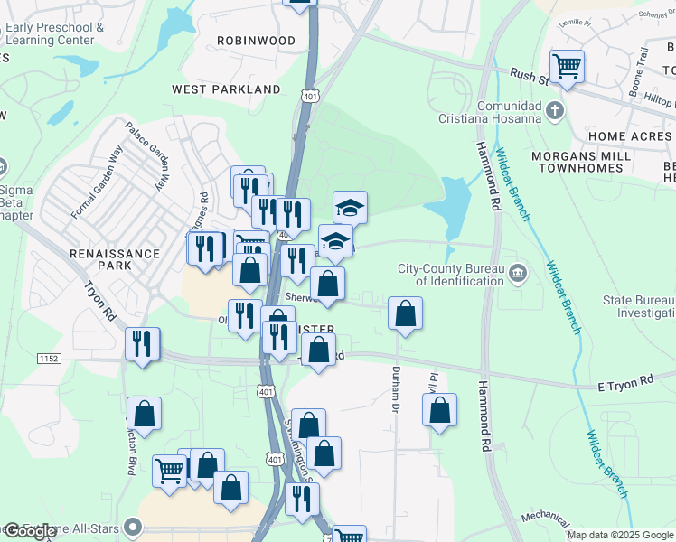 map of restaurants, bars, coffee shops, grocery stores, and more near 321 Chapanoke Rd in Raleigh