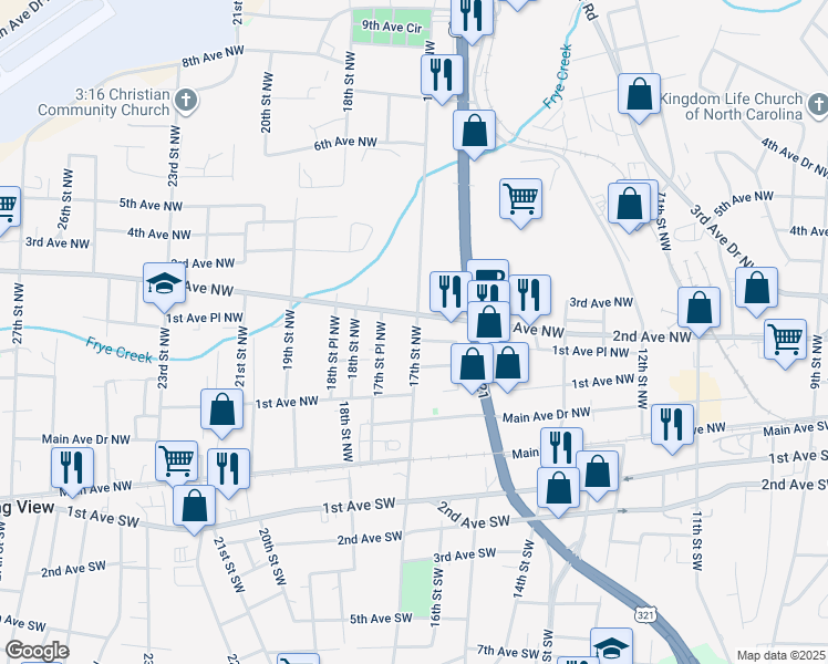 map of restaurants, bars, coffee shops, grocery stores, and more near 152 17th Street Northwest in Hickory