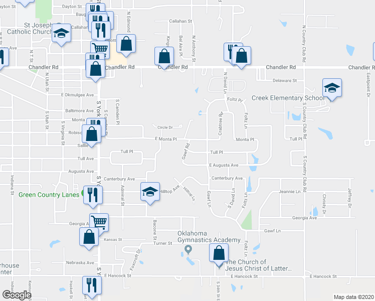 map of restaurants, bars, coffee shops, grocery stores, and more near 2905 Tull Place in Muskogee