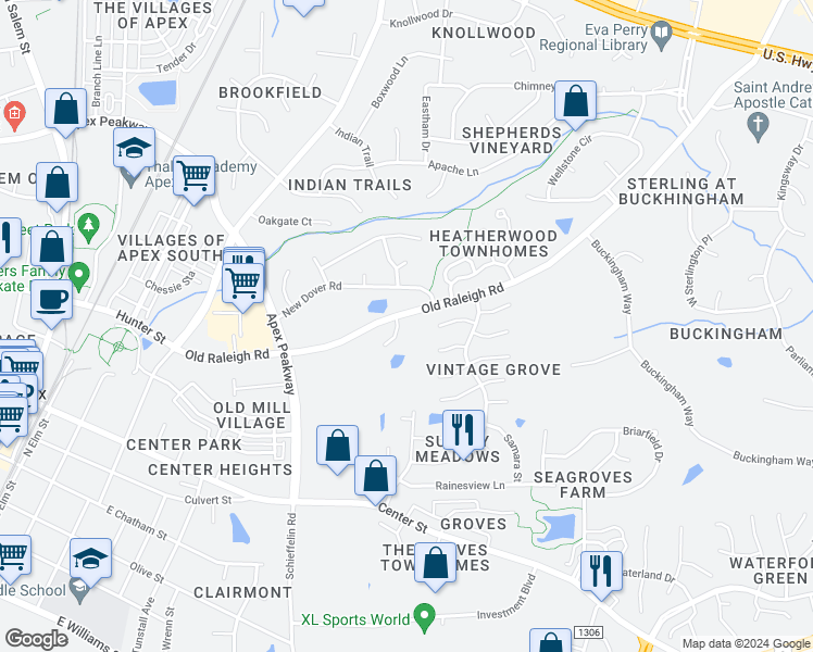 map of restaurants, bars, coffee shops, grocery stores, and more near 1301 Empty Nest Way in Apex