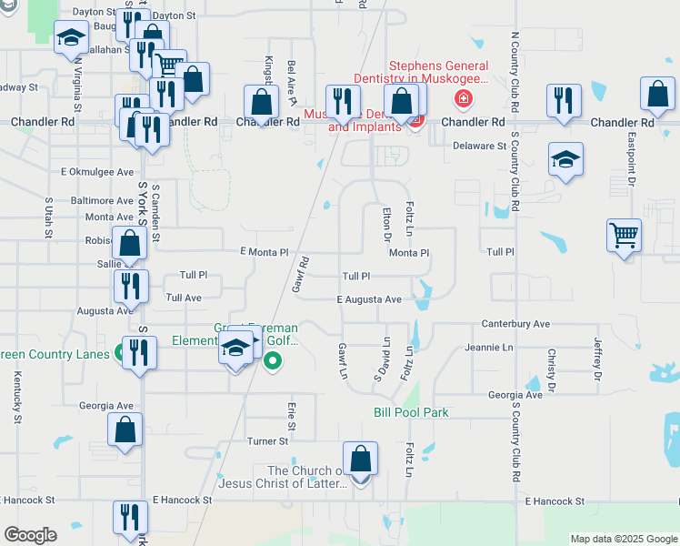 map of restaurants, bars, coffee shops, grocery stores, and more near 3000 Tull Place in Muskogee