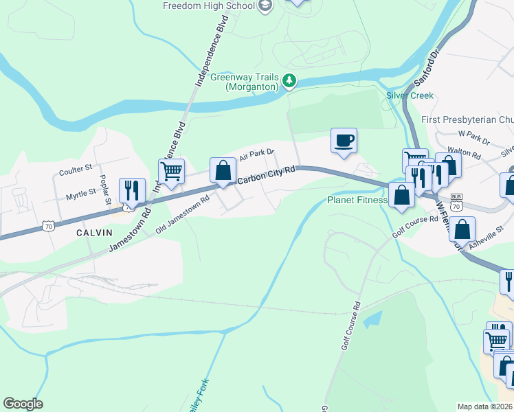 map of restaurants, bars, coffee shops, grocery stores, and more near 203 Murphy Street in Morganton