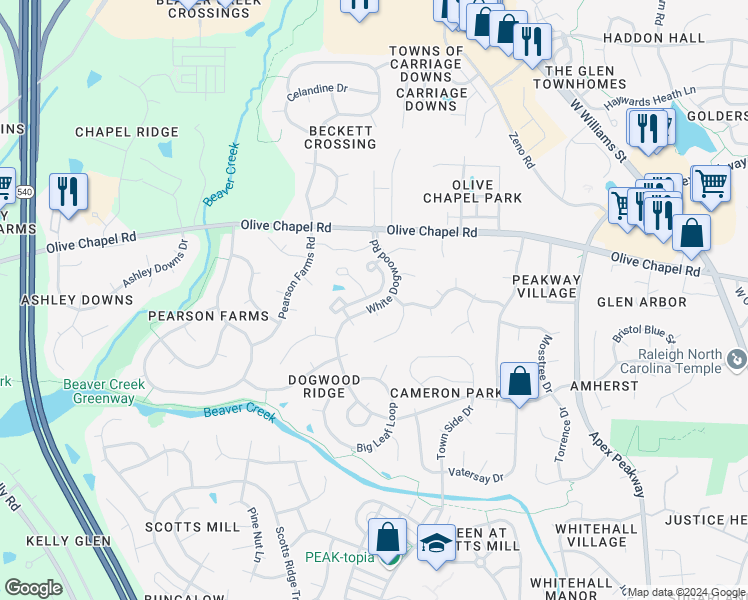 map of restaurants, bars, coffee shops, grocery stores, and more near 1124 Silky Dogwood Trail in Apex