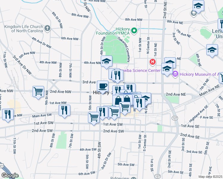 map of restaurants, bars, coffee shops, grocery stores, and more near 318 2nd Avenue Northwest in Hickory
