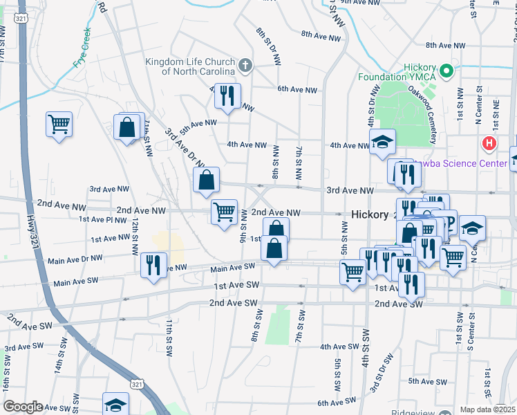 map of restaurants, bars, coffee shops, grocery stores, and more near 832 2nd Avenue Northwest in Hickory