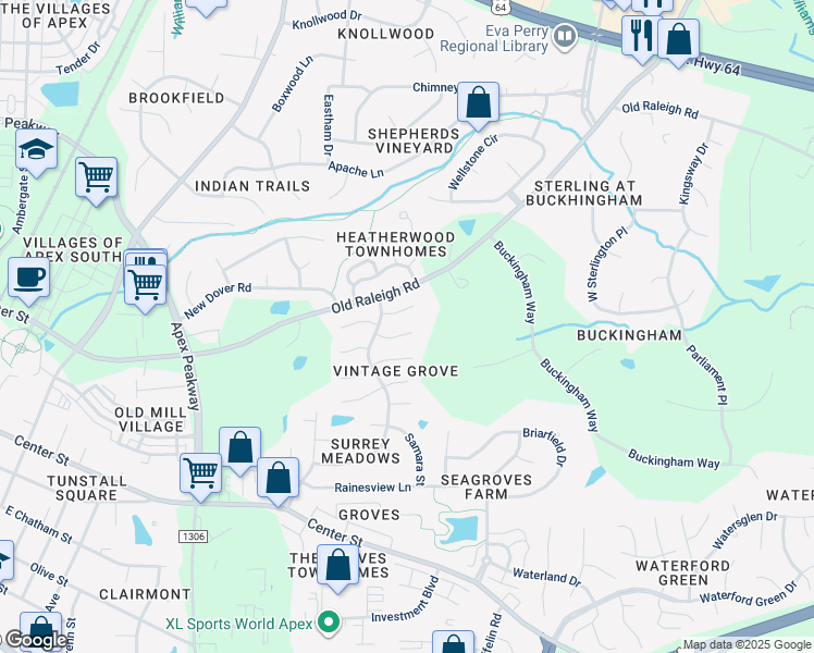 map of restaurants, bars, coffee shops, grocery stores, and more near 1007 Napa Place in Apex