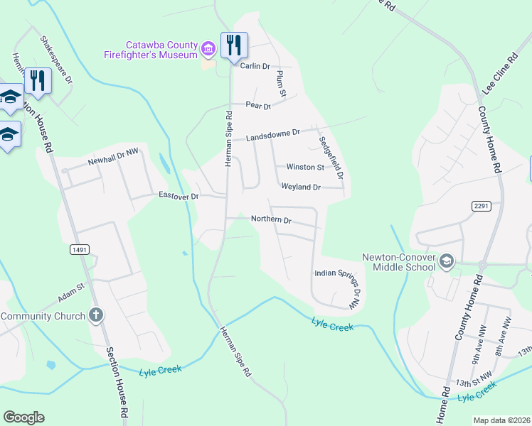 map of restaurants, bars, coffee shops, grocery stores, and more near 1621 Running Deer Drive Northwest in Conover