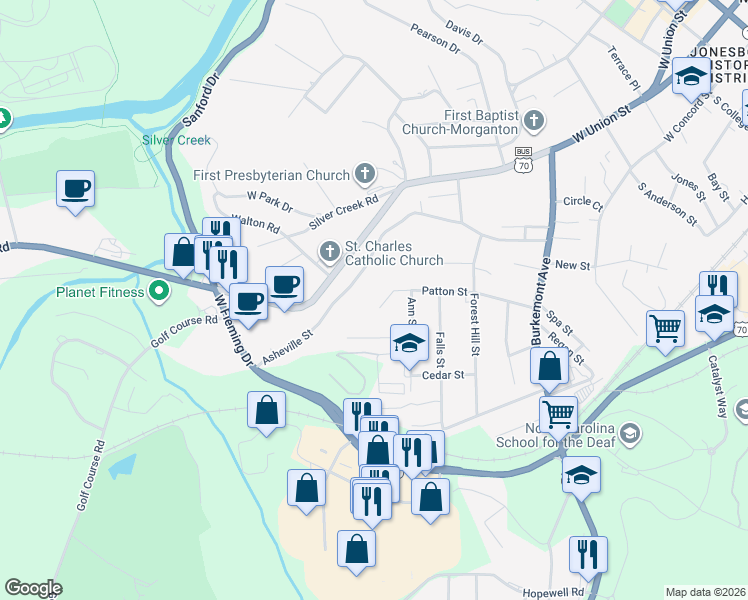 map of restaurants, bars, coffee shops, grocery stores, and more near 407 Patton Street in Morganton