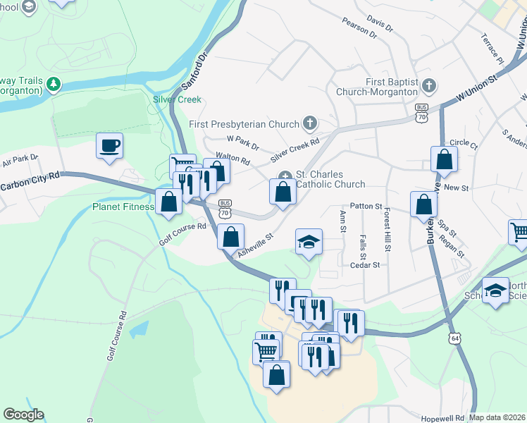 map of restaurants, bars, coffee shops, grocery stores, and more near 809 West Union Street in Morganton