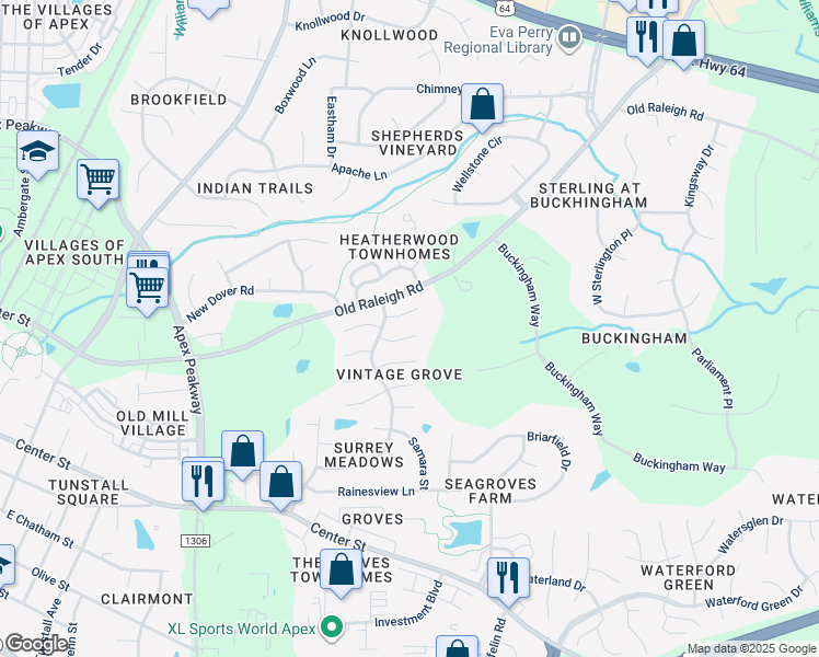 map of restaurants, bars, coffee shops, grocery stores, and more near 1007 Napa Place in Apex