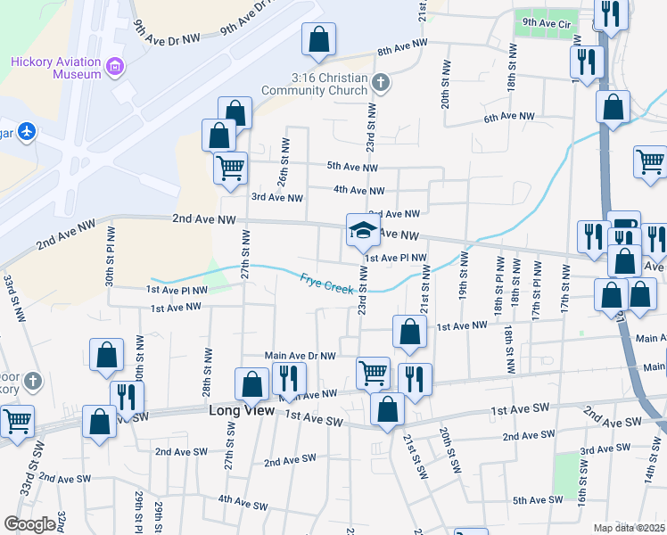 map of restaurants, bars, coffee shops, grocery stores, and more near 2421 1st Avenue Place Northwest in Hickory