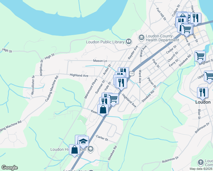map of restaurants, bars, coffee shops, grocery stores, and more near 902 Vale Street in Loudon