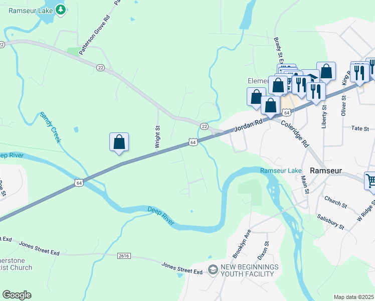 map of restaurants, bars, coffee shops, grocery stores, and more near 115 Greenhill Road in Ramseur