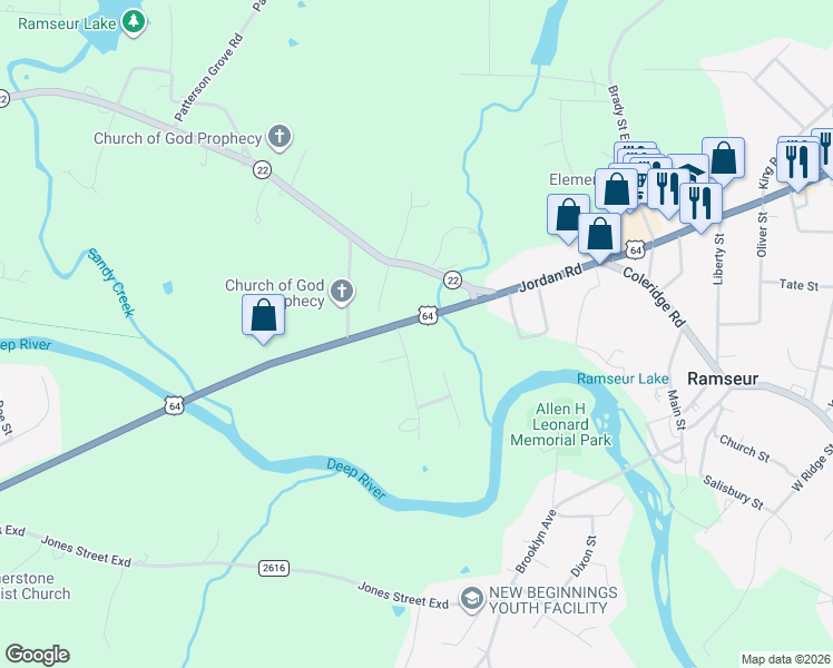 map of restaurants, bars, coffee shops, grocery stores, and more near 112 Greenhill Road in Ramseur
