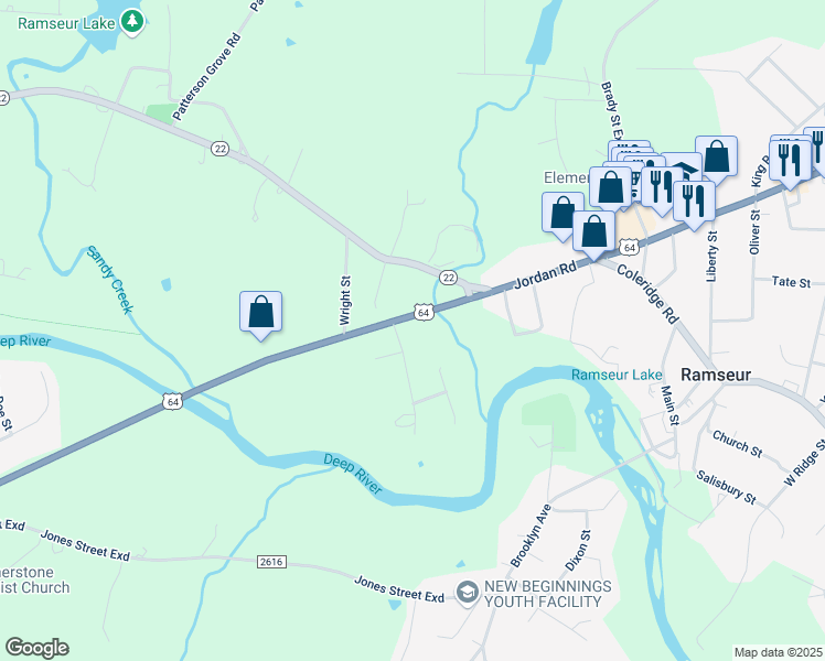 map of restaurants, bars, coffee shops, grocery stores, and more near 115 Greenhill Road in Ramseur