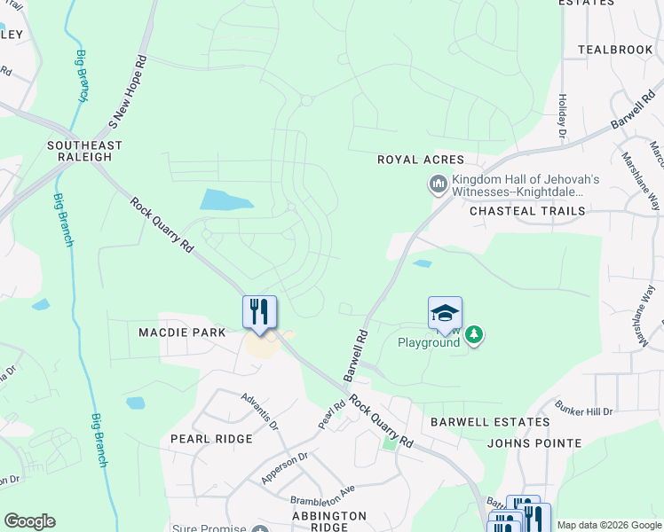 map of restaurants, bars, coffee shops, grocery stores, and more near 3716 Barwell Road in Raleigh
